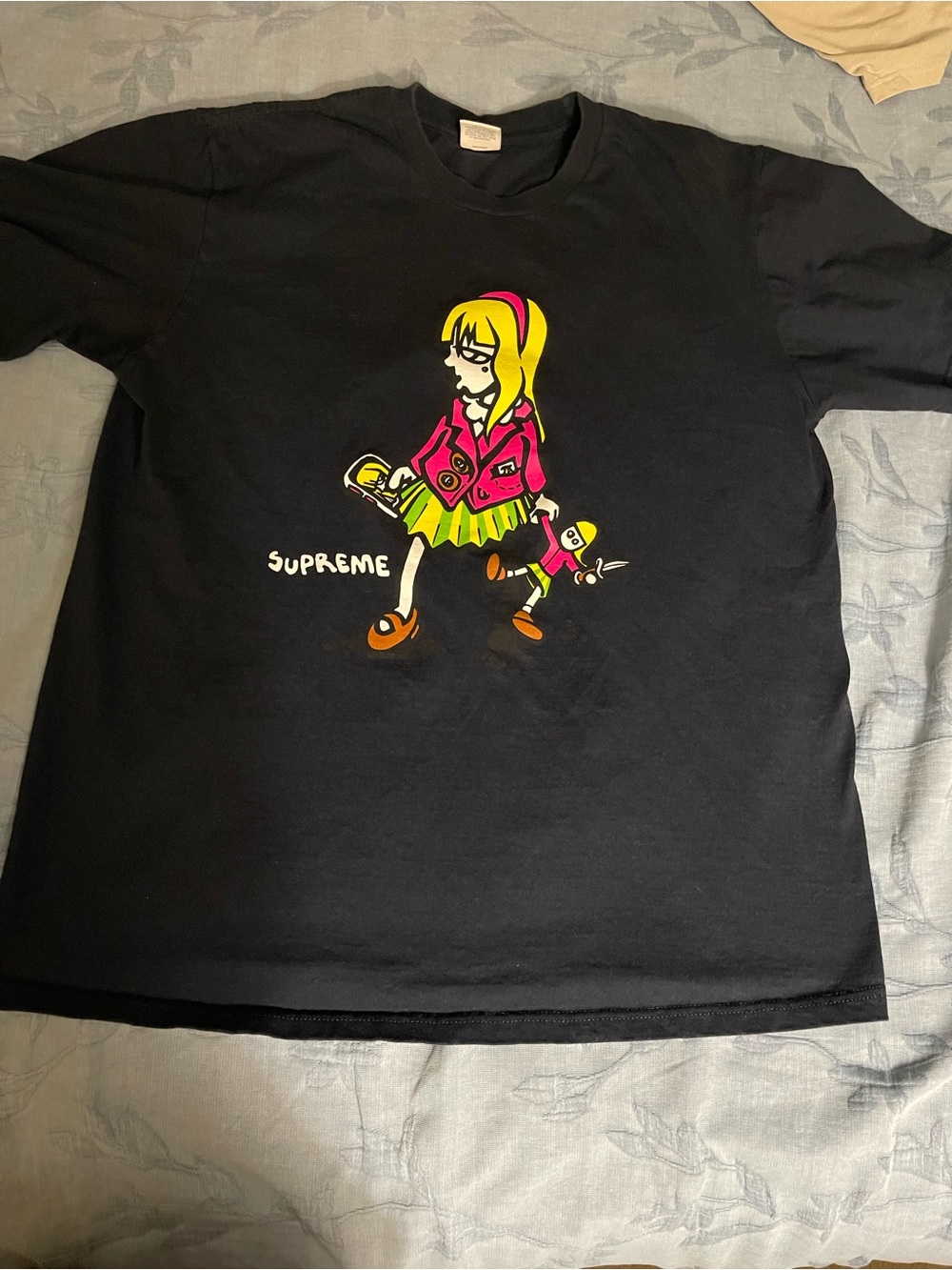 Supreme navy Graphic Tee with Pink, Yellow & Green Cartoon